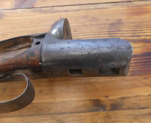 Vintage Wood stock and metal receiver on an old double barrel shotgun No 38808