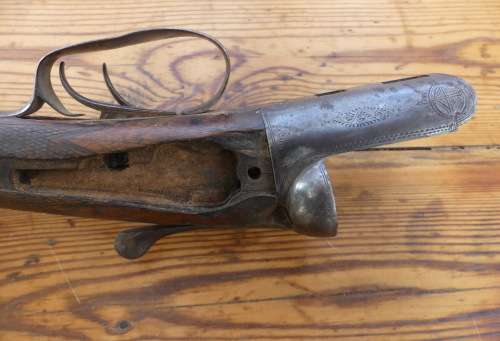 Vintage Wood stock and metal receiver on an old double barrel shotgun No 38808