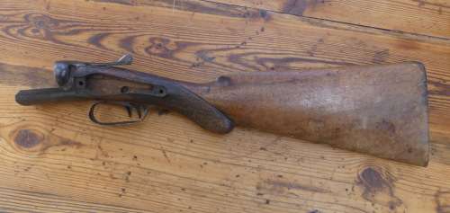 Vintage Wood stock and metal receiver on an old double barrel shotgun No 38808