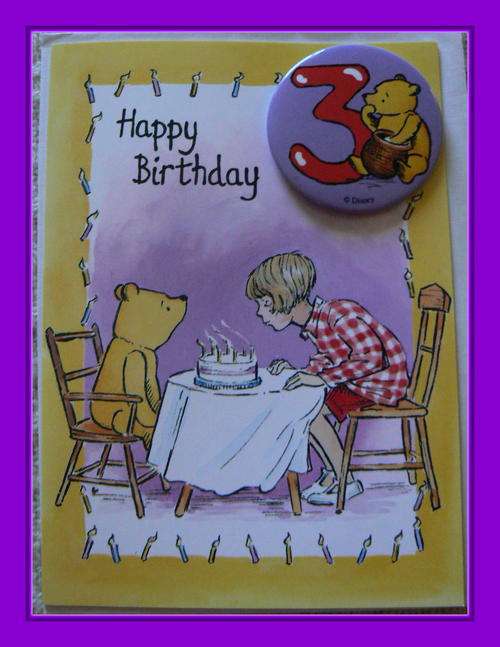 Sweet Winnie The Pooh Birthday Card With Pin for 3 Year Old Child