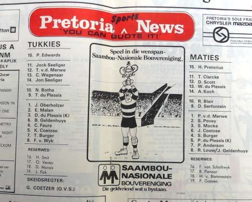 Tukkies vs Maties - Loftus Versfeld - 20 Mei 1978 --   Rugby Program