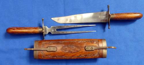 Vintage Indian made Carved Wood and Brass Carving Set in Holder