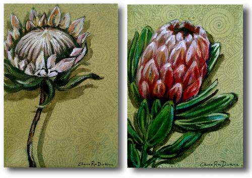 2 x PROTEA Original Paintings by South African artist, Cherie Roe Dirksen - valued @R780