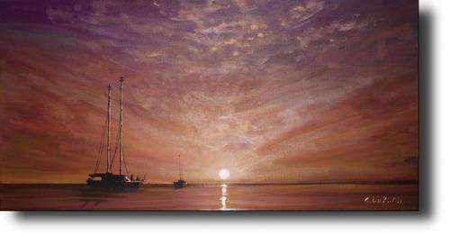 'BOATING AT SUNSET' --- 61cm x 30cm --- Original Acrylic Painting by SA artist, Cherie Dirksen