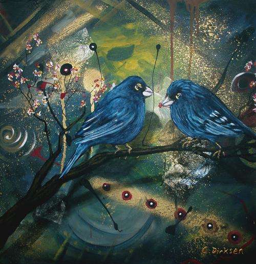 'BLUEBIRDS ON A BRANCH' --- Acrylic & Mixed Media on Stretched Canvas --- 405 x 405