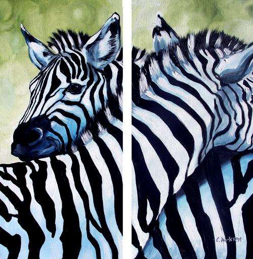 'ZEBRA LOVE' --- Original Wildlife DIPTYCH Painting by SA artist, Cherie Roe Dirksen --- 510 x 510
