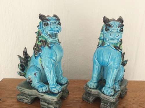 Vintage Foo Dogs - Turquoise Blue Chinese Foo Dog or Temple Guardian Lion