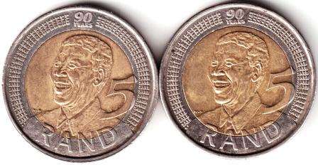 $$$$ (2x) Circulated - Mandela R5 - 2008 90th Birthday Coin ! $$$$