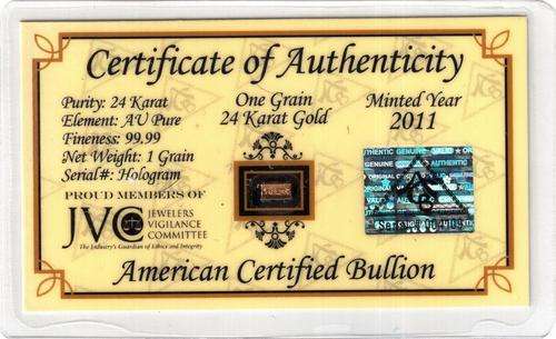 $$$ 1 Grain - 24 Karat PURE SOLID GOLD BAR - Certified & Sealed $$$