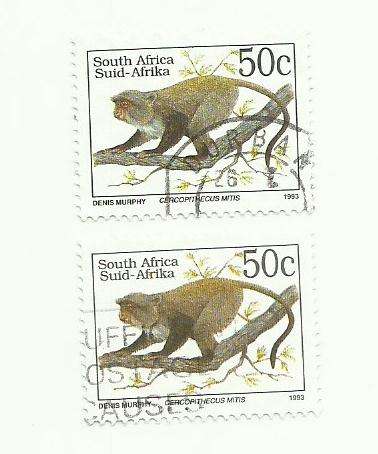 South Africa 1993. Endangered Fauna. Monkey 50c 2 stamps Used. Not Hinged