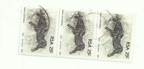 South Africa 1987 Rock Paintings 25c strip of 3 used. Not hinged