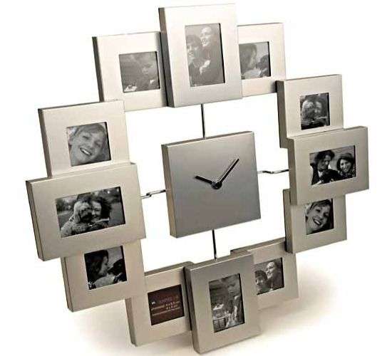 Stylish metallic wall clock with twelve photo frame