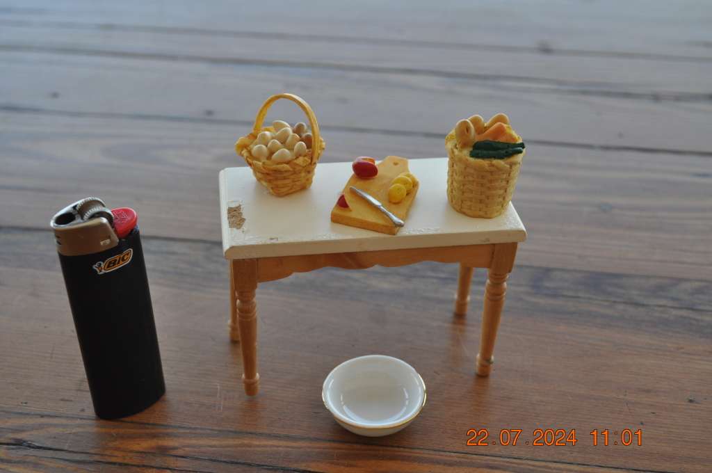 Dolls house kitchen table with extras