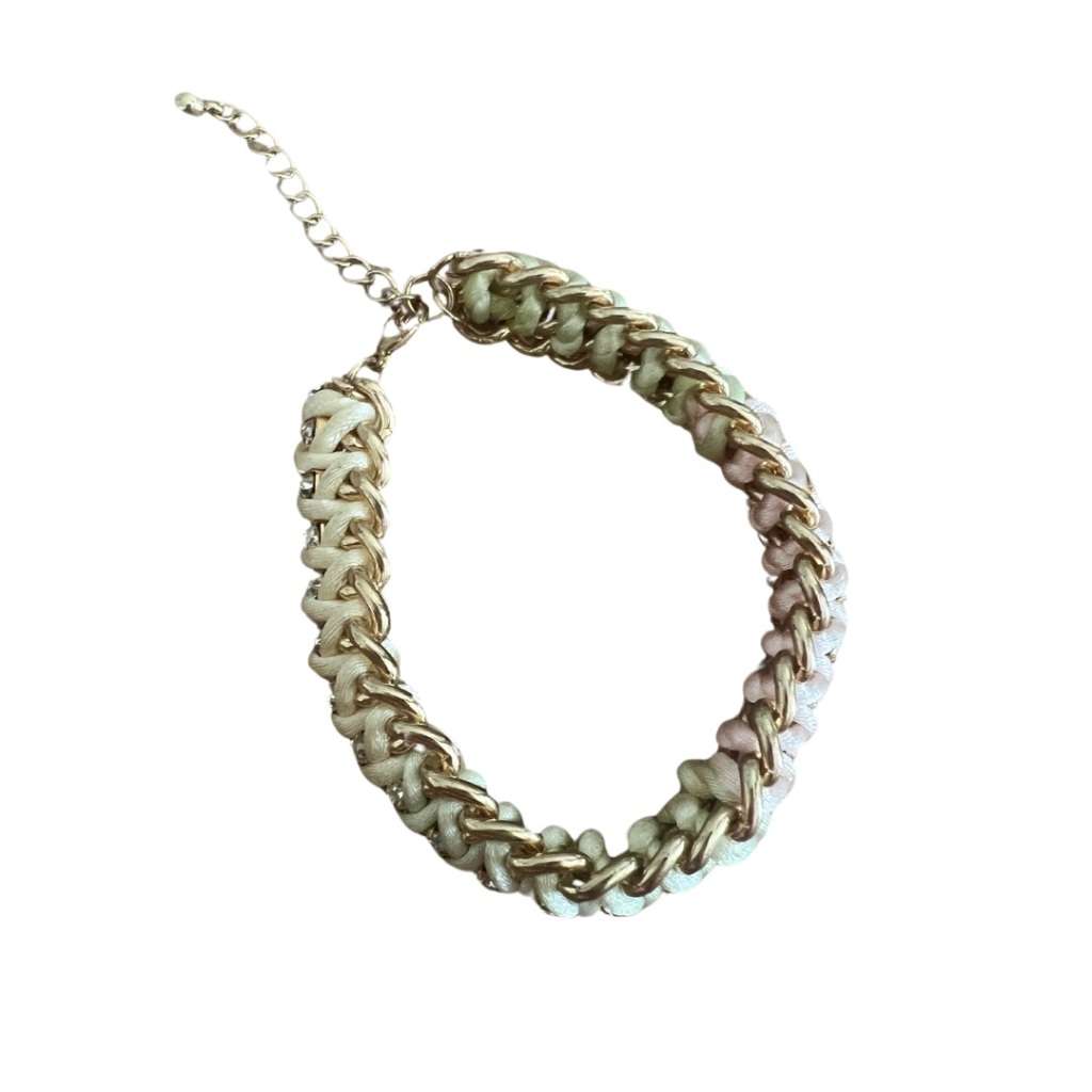 Bracelet - Gold Tone Chunky Chain Bracelet Intertwined with Pastel Rope