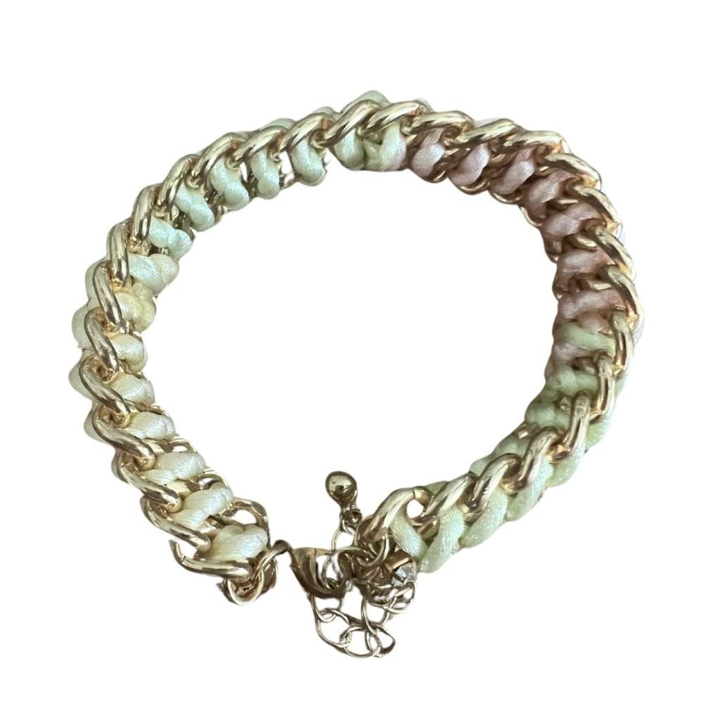 Bracelet - Gold Tone Chunky Chain Bracelet Intertwined with Pastel Rope