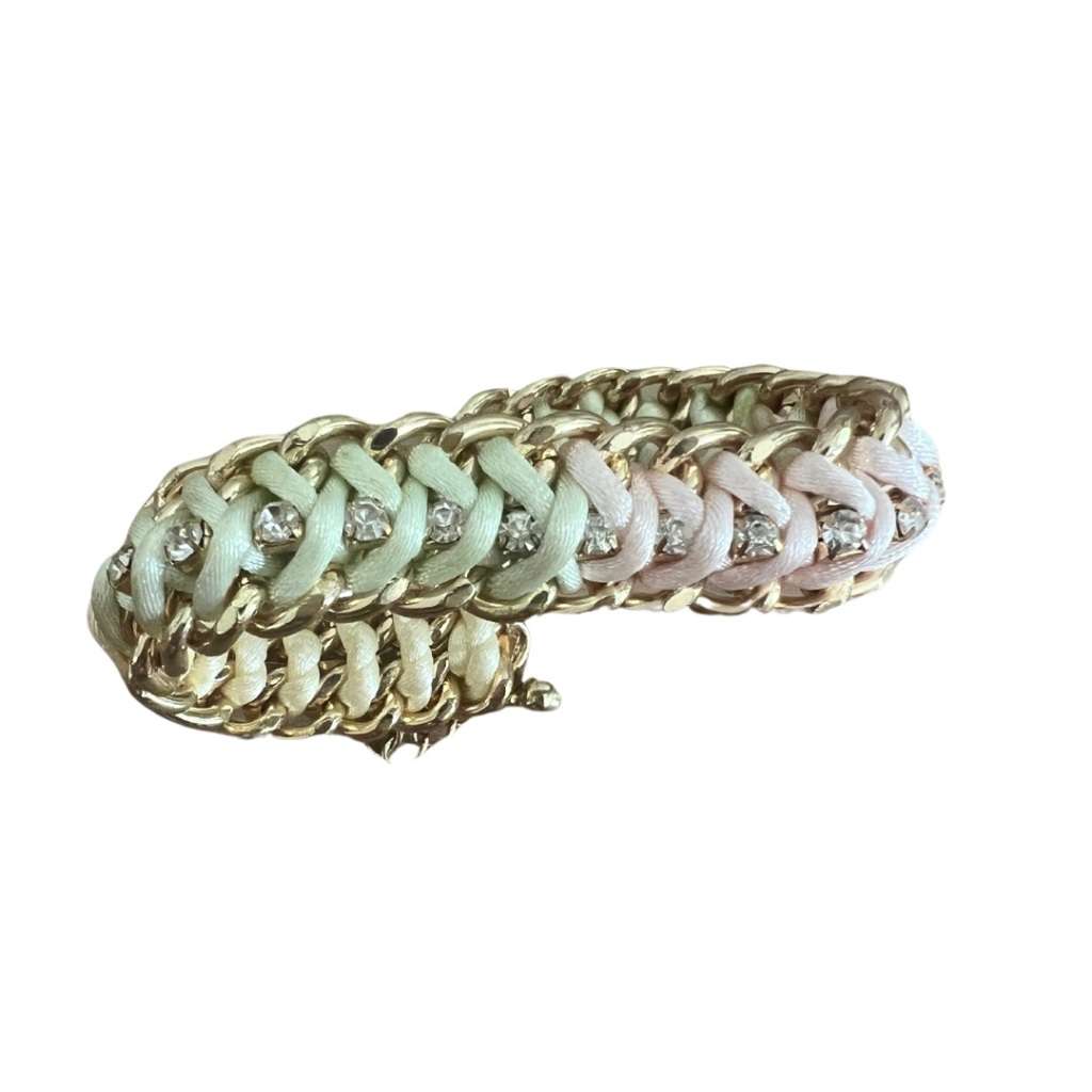 Bracelet - Gold Tone Chunky Chain Bracelet Intertwined with Pastel Rope