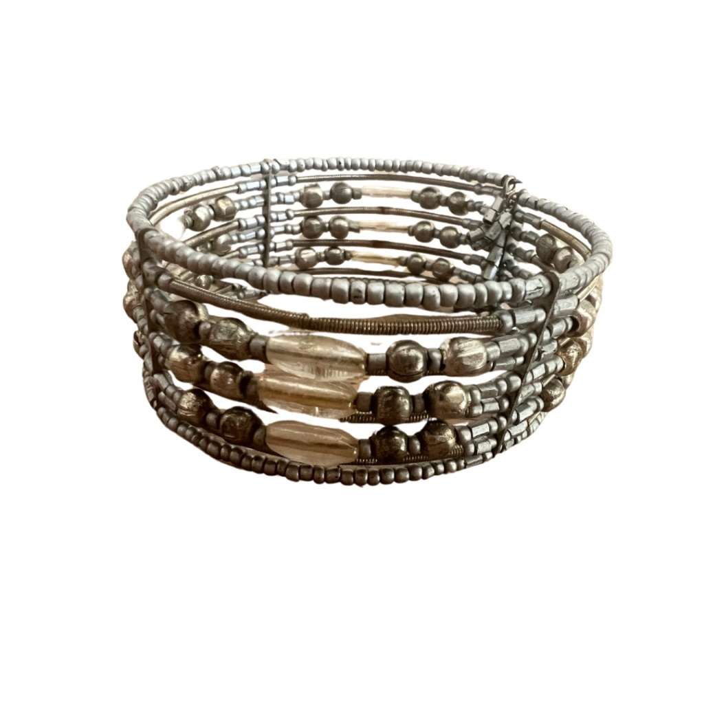 Bangle - Silver Tone Expandable Multi-String Bangle. Designed with Silver Beads