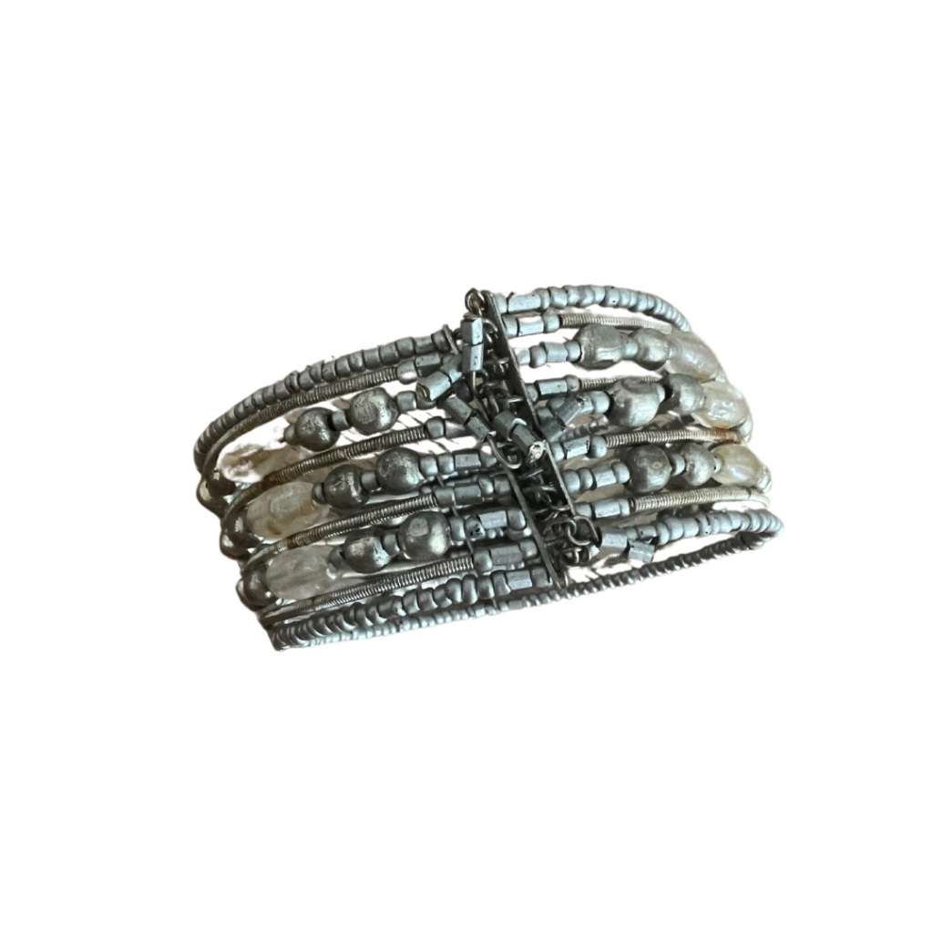 Bangle - Silver Tone Expandable Multi-String Bangle. Designed with Silver Beads
