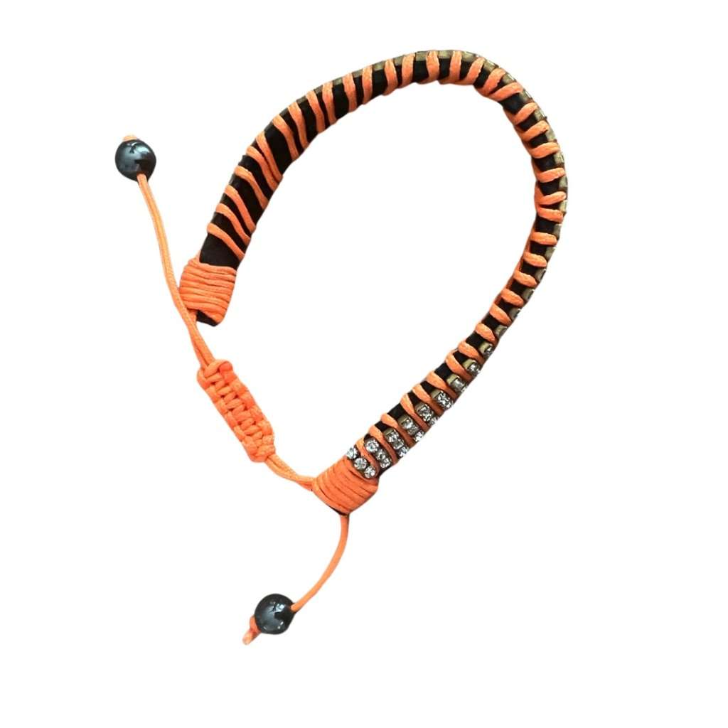 Bracelet - Silver Tone Chain Intertwined Neon Orange Rope Bracelet with Diamantes