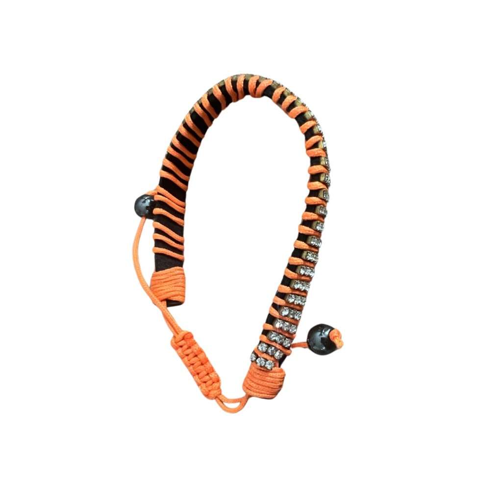 Bracelet - Silver Tone Chain Intertwined Neon Orange Rope Bracelet with Diamantes