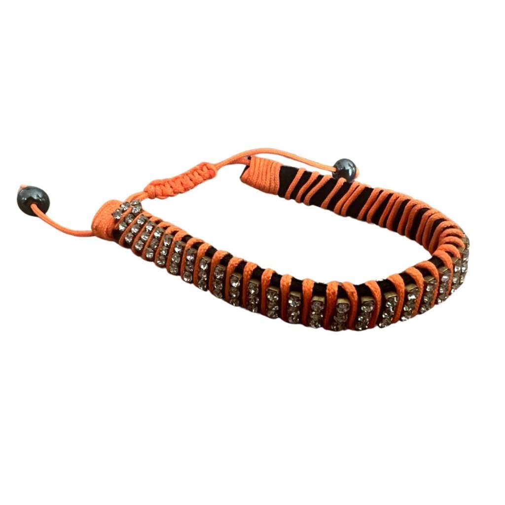 Bracelet - Silver Tone Chain Intertwined Neon Orange Rope Bracelet with Diamantes