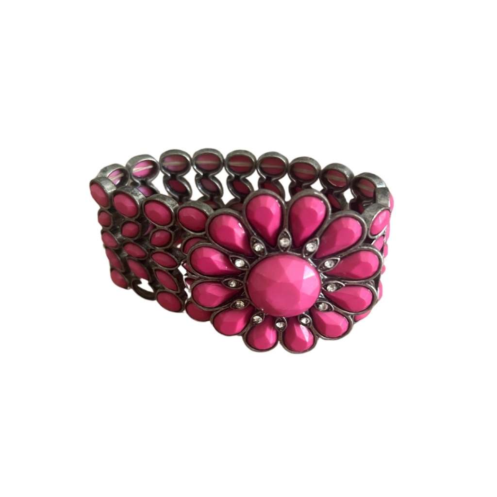 Bracelet - Silver Tone Chunky Pink Rhinestone Expandable Bracelet