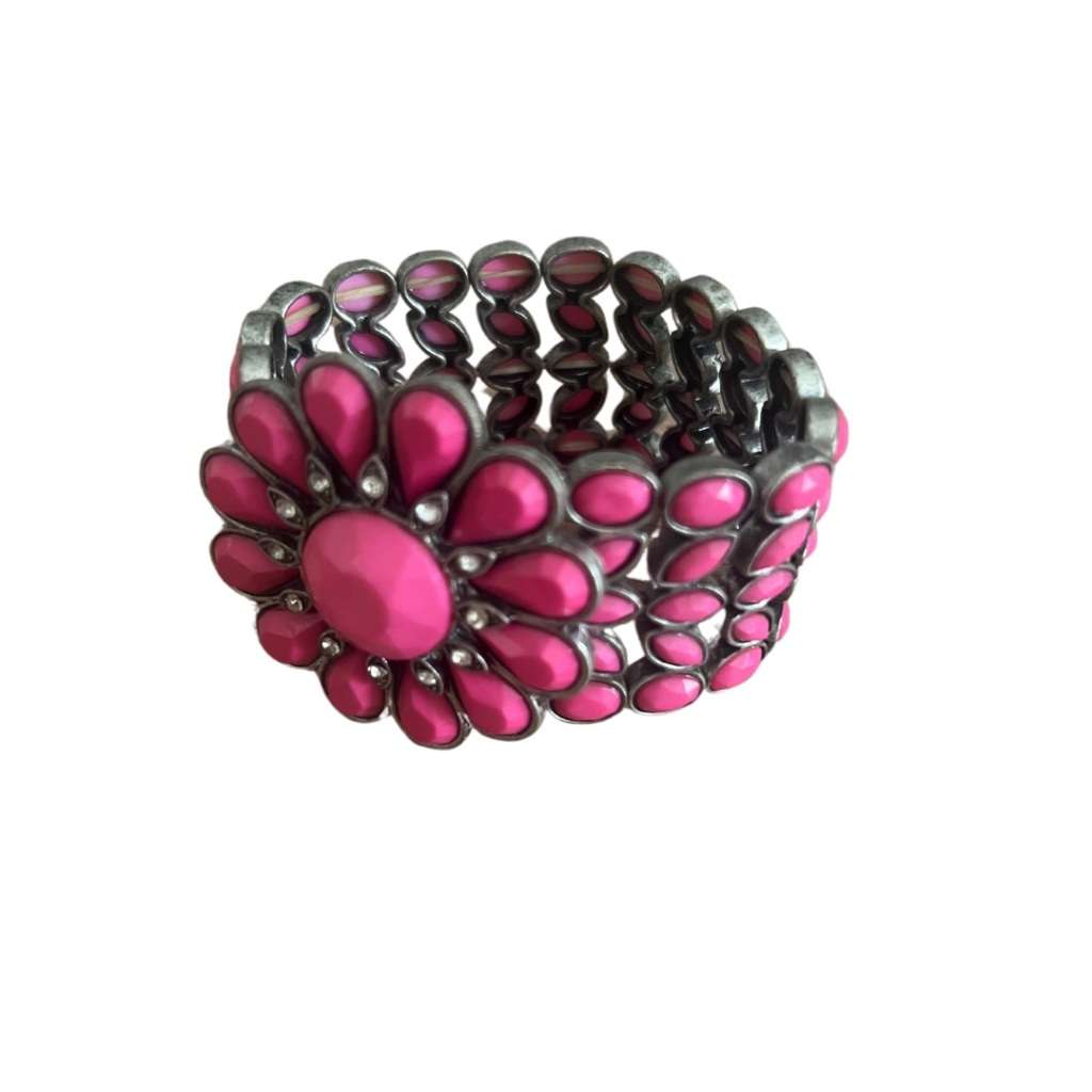 Bracelet - Silver Tone Chunky Pink Rhinestone Expandable Bracelet