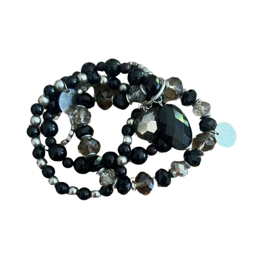 RA088 Bracelet - Multi Strand. 5 Strand Black and Glass Bracelet