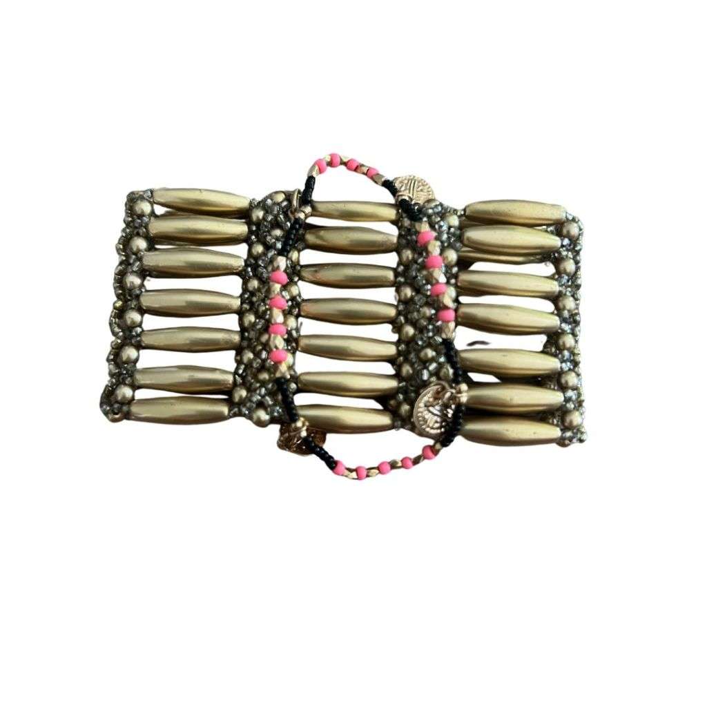 RA089 Bracelet - Oblong Beaded Gold Tone Colour and Apricot small Beaded Bracelet