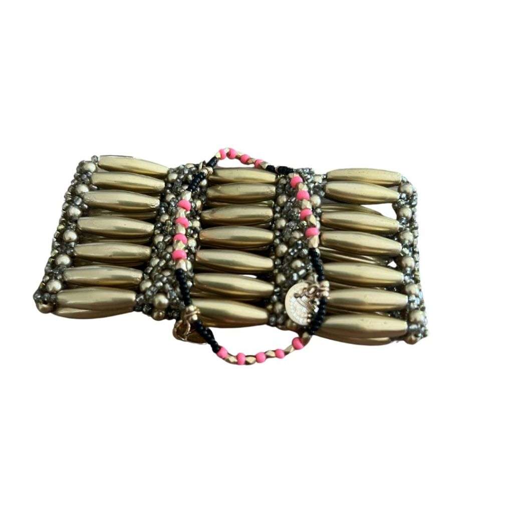 RA089 Bracelet - Oblong Beaded Gold Tone Colour and Apricot small Beaded Bracelet