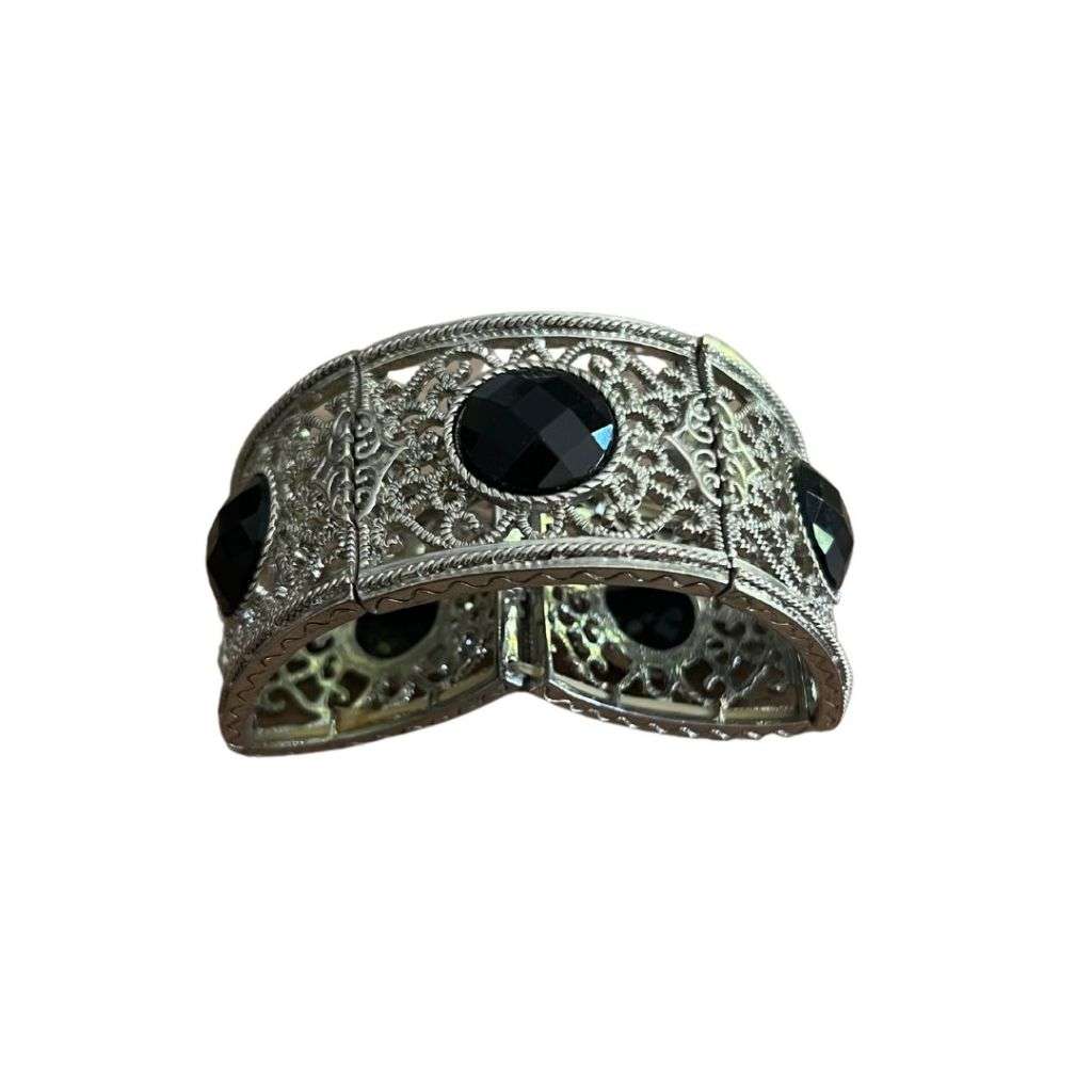 RA092 Bracelet - Silver Tone Black Beads