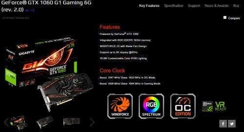 Gigabyte Windforce OC - GeForce GTX 1060 G1 Gaming 6G (rev. 2.0)