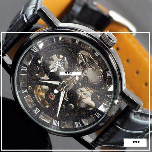 ***NEW***Classic black elegant mechanical uxury mens skeleton watch with white hand
