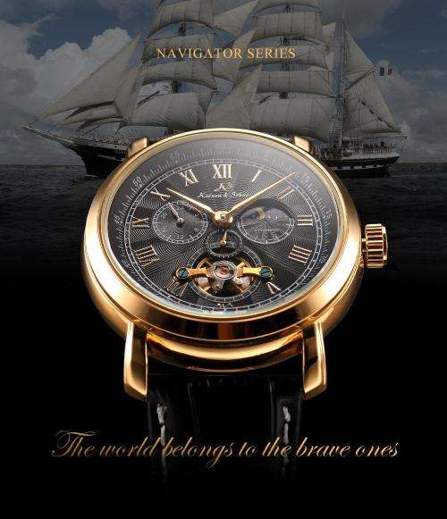 KS Brand Mechanical Relogio Masculino Black Day Night Phase Roman Numerals Leather Band Men Automati