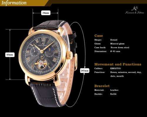 KS Brand Mechanical Relogio Masculino Black Day Night Phase Roman Numerals Leather Band Men Automati