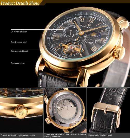 KS Brand Mechanical Relogio Masculino Black Day Night Phase Roman Numerals Leather Band Men Automati