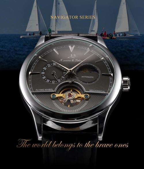 KS Brand New 24 Hours Display Self Wind Relogio Leather Band Analog Male Automatic Mechanical Clock