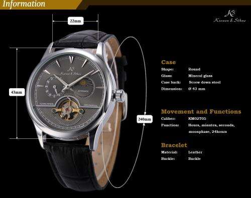 KS Brand New 24 Hours Display Self Wind Relogio Leather Band Analog Male Automatic Mechanical Clock