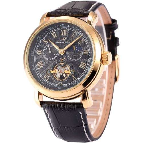 KS Brand Mechanical Relogio Masculino Black Day Night Phase Roman Numerals Leather Band Men Automati
