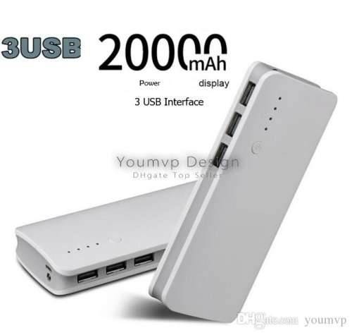 20 000mAh 3 USB Power Bank for Charging of Electronic Devices, LED power display  & Flashlight