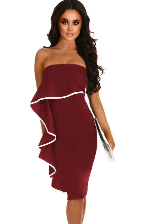 First Bidder wins!!!Wine Frill Strapless Midi Dress
