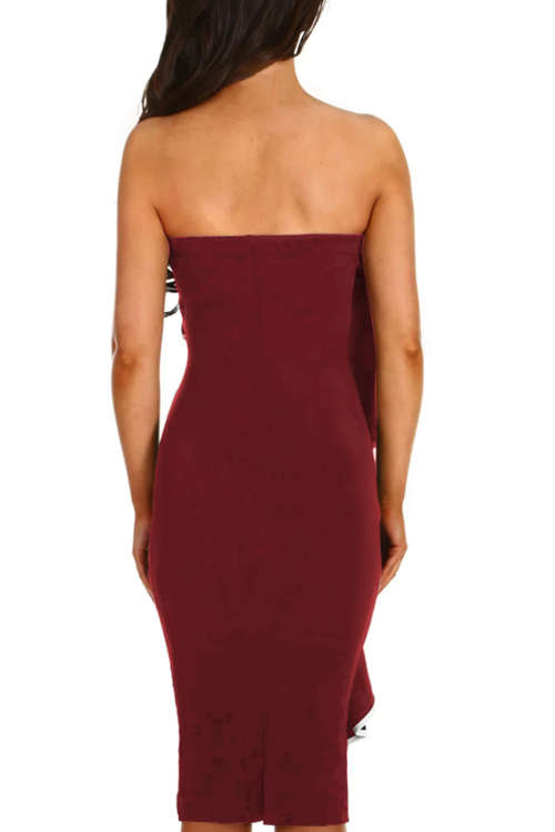 First Bidder wins!!!Wine Frill Strapless Midi Dress