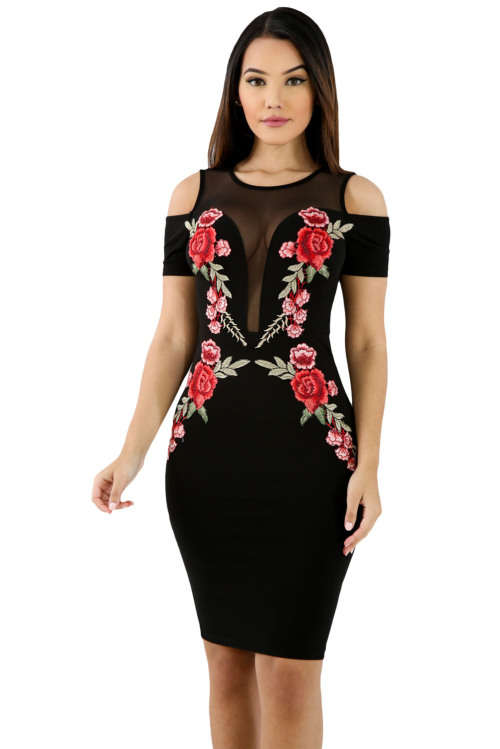 First Bidder wins!!!Mesh Combine Embroidered Rose Cold Shoulder Bodycon Dress