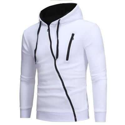 First Bidder wins Men Unique Diagonal zipper Slim Soft Hoodie - White