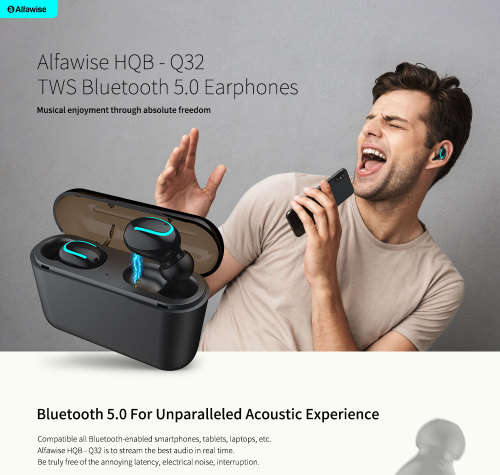 First bidder wins Alfawise HQB - Q32 TWS Binaural Mini Wireless Bluetooth Earbuds - Black button con