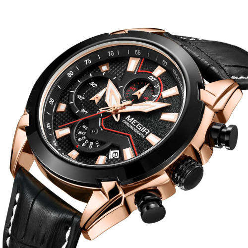 MEGIR 2065 Sport Watches Creative Chronograph Quartz Leather Strap Men Watch - Rose Gold