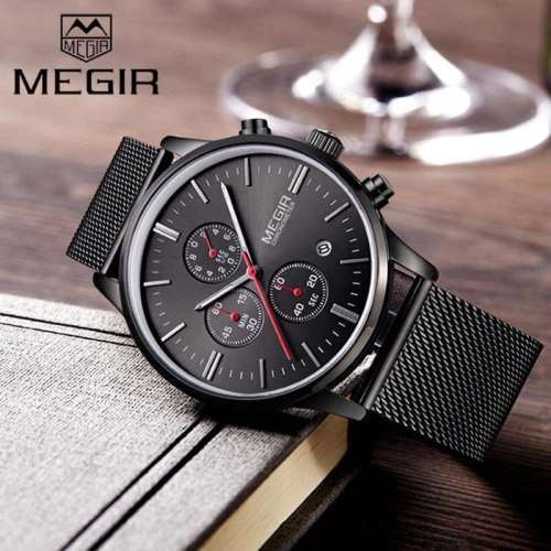 MEGIR 2011G Men Watch Luxury Ultra Slim Business Stainless Steel Strap Quartz Wrist Watch - Black