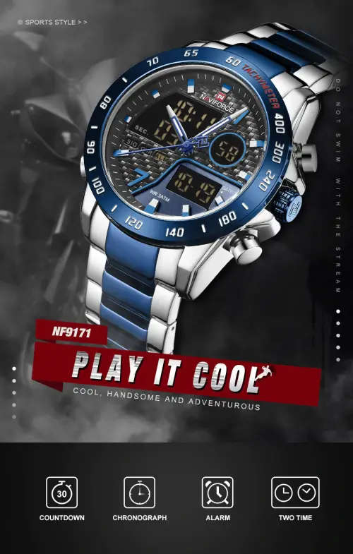 FREE SHIPPING -NAVIFORCE 9171 Full Steel Dual Display Watch Luminous Display Men Quartz Watch - Blue