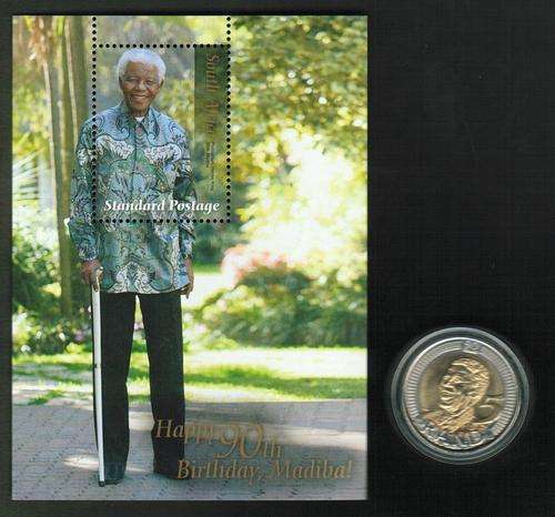 2008 MANDELA 90TH BIRTHDAY R5 COIN -ENCAPSULATED - UNC + 90TH BIRTHDAY STAMP
