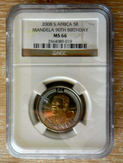 2008 NELSON MANDELA 90th BIRTHDAY R5 COIN - ***HIGH NGC GRADE MS66***